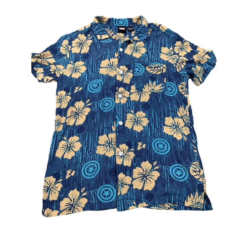 Marvel Men's small Hawaiian Shirt Captain America Blue Floral Print